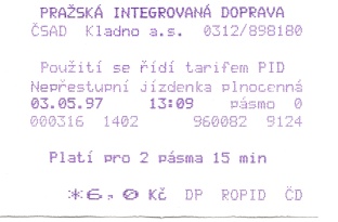 Obvyklá podoba jízdenky vydané pokladnou v autobuse reprezentovaná nepřestupní jízdenkou v ceně 6,- Kč z května 1997.