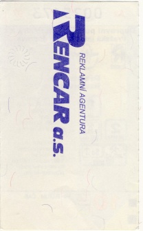 Reklamní zadní strana jízdenek z roku 1997 propagující firmu Rencar, zajišťující reklamy v MHD.